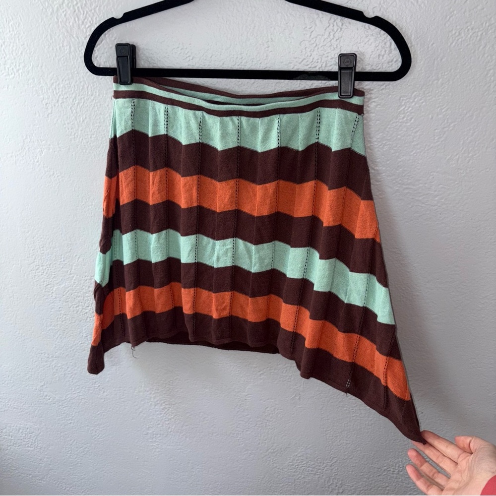Umgee Y2K Striped Asymmetrical Knit Skirt in Mint, Orange & Brown